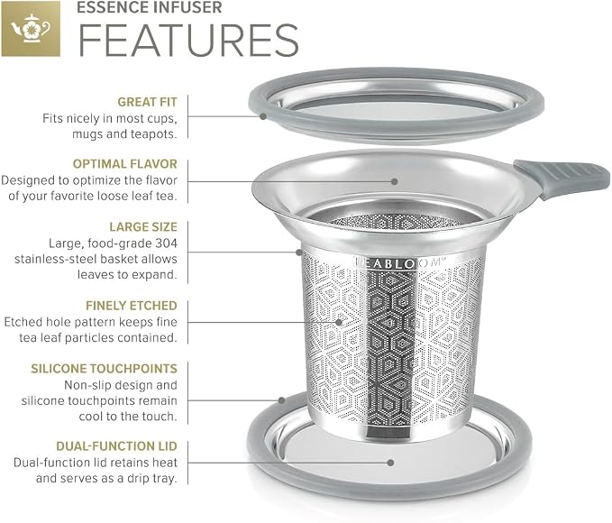 Teabloom Elegant Stainless Steel Loose Leaf Tea Infuser with Lid & Drip Tray – Extra Fine Mesh Basket for Mugs, Cups & Small Teapots – Food Grade Materials, Dishwasher Safe