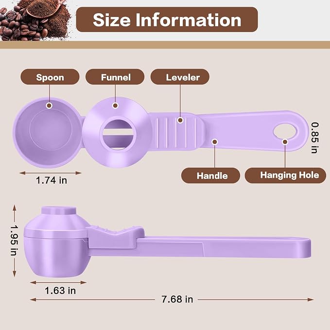 2-in-1 Coffee Scoop with Funnel, 2 Tbsp Measuring Spoon for Reusable K Cups, Ground Coffee, Protein Powder & Tea, Mess-Free Plastic Design（Light Purple-2pack）