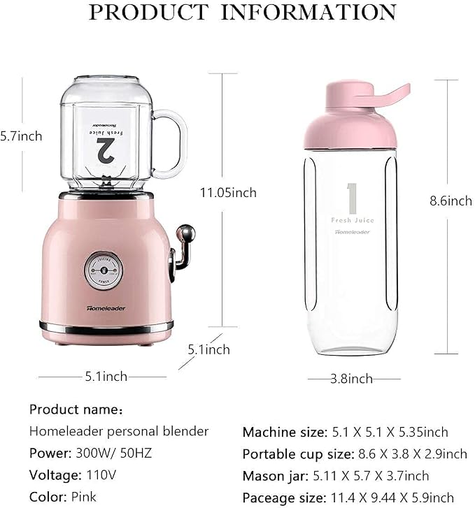 Smoothie Blender, Homeleader Portable Personal Blender with 6 Sharp Blades for Shakes and Smoothies, 21oz Travel Cup and Lids, Pink