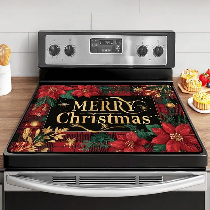 Christmas Poinsettia Glass Stove Top Cover Protector – Merry Christmas Glass Cooktop Protector,Xmas Cooktop Mat for Ceramic Countertop Mats Electric Stove Cover Festive Decor
