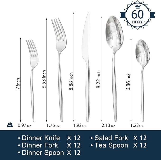 18/10 Silverware Set for 12, 60 Piece Stainless Steel Flatware Cutlery Set | KINGSTONE Mirror Polished Forks Knives Spoons Utensils, Tableware for Home Kitchen Restaurant Wedding, Dishwasher Safe