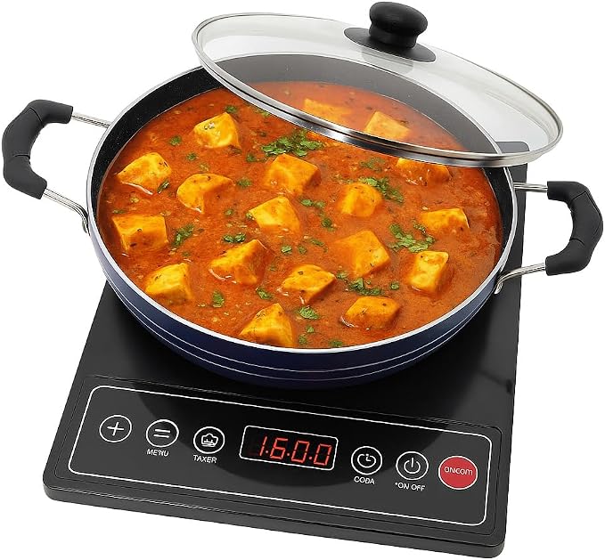 Deep Kadhai Induction Base Non-Stick Kadai with Glass Lid Non Stick Frying Pan Wok Flat Bottom Non Stick All Purpose Pan Non-Stick Aluminium Kadhai Deep Fry Pan (240mm) 2.2Ltr