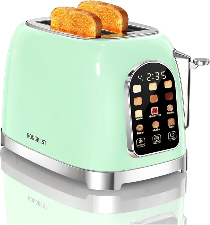 RONGBEST Retro Touch Screen Toaster 2 Slice Wide Slot Stainless Steel with 6 Browning Levels for Breakfast Bagel & Bread, Reheat & Defrost, Removable Crumb Tray, Mint Green