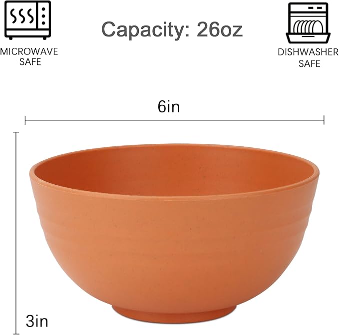 Wheat Straw Bowls Set, Unbreakable & Lightweight Microwave Safe Bowls for Soup, Cereal, Salad, 8-Piece Vibrant Soup Bowls for Kitchen, Family, Party, Picnic, Dishwasher Safe, 26 OZ(Orange)