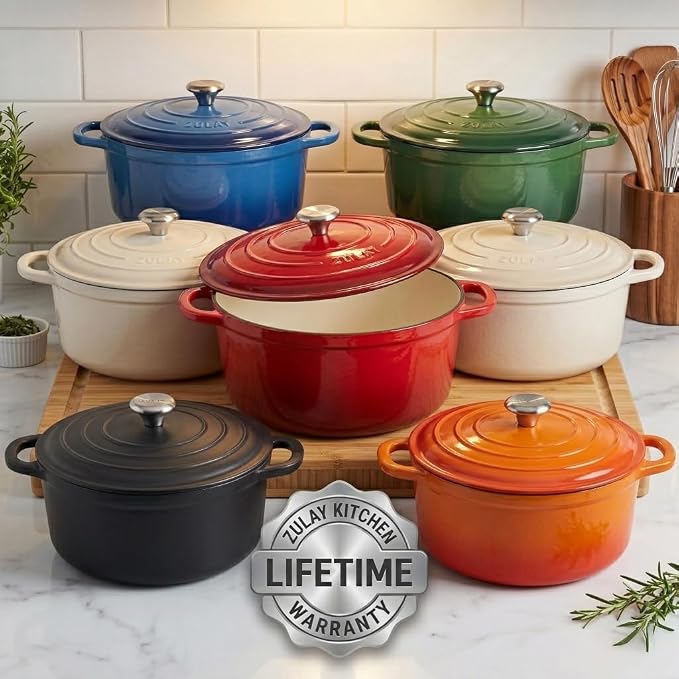Zulay Kitchen 5 Quart Enameled Cast Iron Dutch Oven Pot with Lid – Premium Durability & Oven Safe up to 500°F – Heavy Duty Cookware Perfect for Bread Baking, Stews, Braising & Roasting – Orange