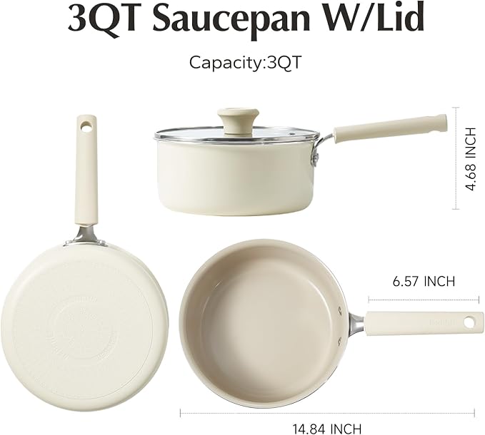Redchef Ceramic Nonstick Saucepan with Lid, 3QT Small Cooking Pot, Non Toxic Sauce Pans for Kitchen, Cool Handle PFAS Free Compatible with All Cooktops, White