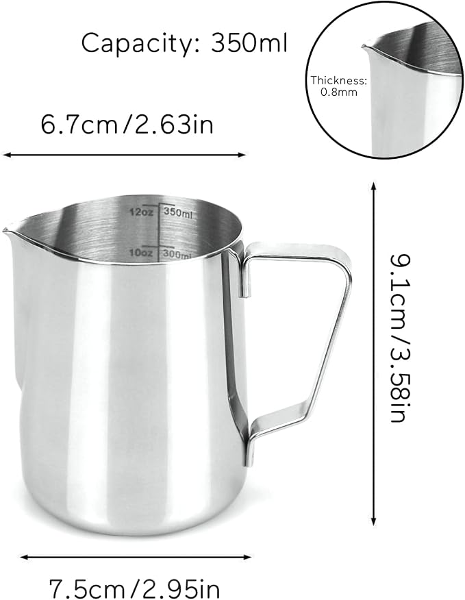 12oz Milk Frothing Pitcher, Stainless Steel Espresso Latte Cup Steaming Pitcher Creamer Cups, Milk Frother Cup Espresso Machine Accessories Barista Tools Jug for Coffee Cappuccino with Latte Art Pen