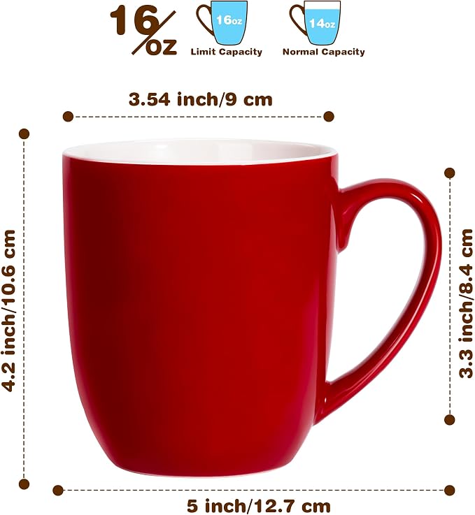 Urbanstrive 16 oz Large Coffee Mugs Set of 4 Ceramic Coffee Mug White Coffee Cups Tea Cups Idea Gift for Women Men House Warming Gifts New Home Office, Red 4 Pack