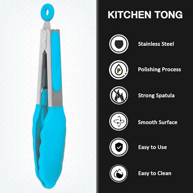 7 Inch Mini Serving Tongs with Silicone Tips Set of 3(Blue) | Stainless Steel Handle, Non-Scratch, Heat Resistant