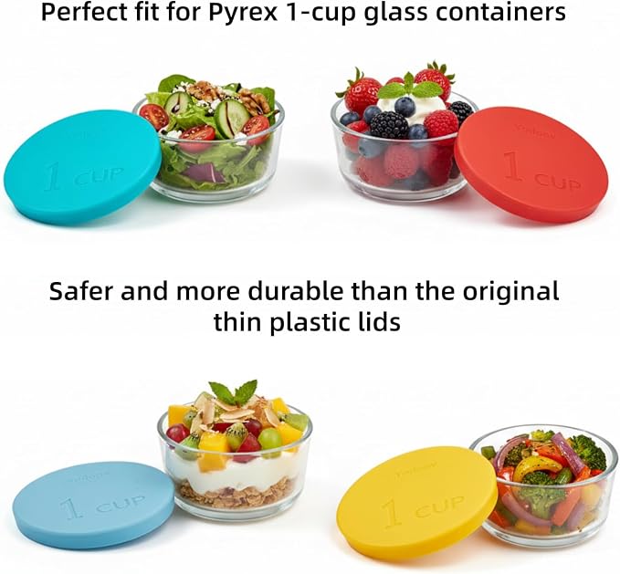 Yodecy Silicone Bowl Lids fit Pyrex Glass Bowls 7202-PC 1 Cup, Yodecy Silicone Bowl Lids fit Anchor Hocking Glass Bowls 7202-PC 1 Cup,Replacement Lids 3.8in(4 Pack Blue-green)