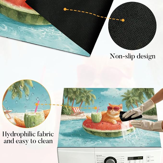 Watermelon Cat Washer Dryer Top Cover Mat 28.35x20.47 in | Heat Resistant Cooktop Protector Mat with Non-Slip Backing, Scratch Protection and Countertop Drying Mat.