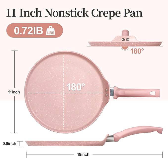 Innerwell 11 Inch Nonstick Crepe Pan,Granite Coated Pancake Pan-Pink | Granite nonstick coating, PFOA-free. Works on gas, electric, ceramic & induction. Easy-release & easy-clean.