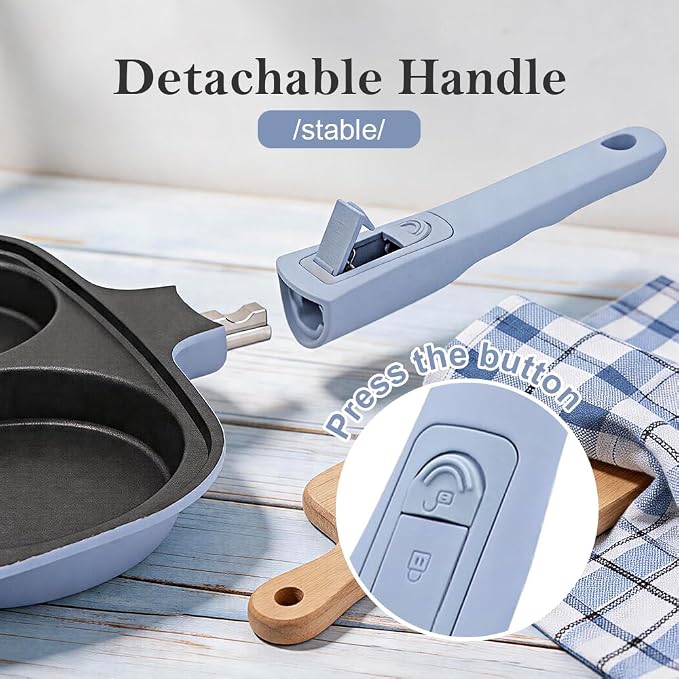 RANX INGST 4-Cup Egg Pan Nonstick with Lid 10 Inch Large Pancake Pan, Blue | Detachable Handle, Omelette Skillet Induction Compatible for Breakfast