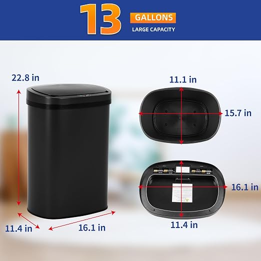 BestOffice | 13 Gallon Stainless Steel Trash Can with Lid | Black | Automatic Touchless Garbage Can | Odor Control | Modern Oval Design | Easy to Clean | For Kitchen, Bathroom, Office or Home