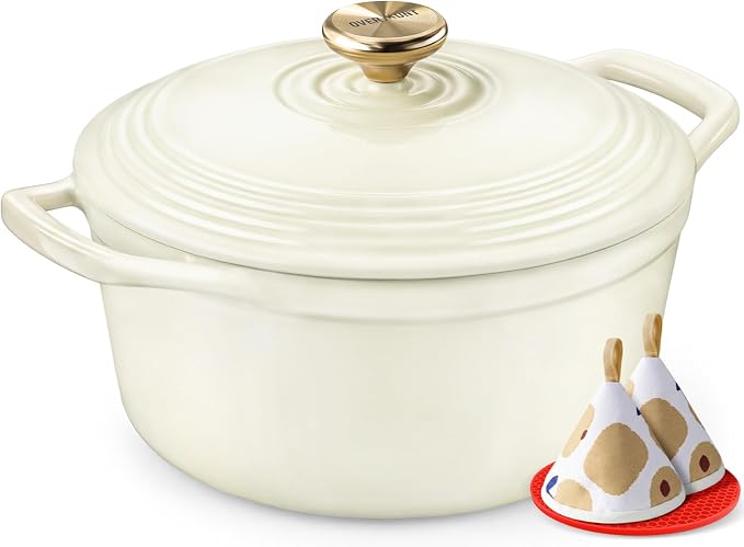 Overmont Enameled Cast Iron Dutch Oven - 5.5QT Pot with Lid Cookbook & Cotton Potholders - Heavy-Duty Cookware for Braising, Stews, Roasting, Sourdough Baking White