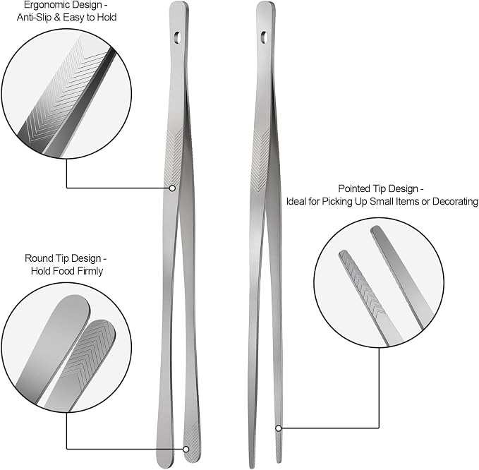 Vaincre 4PCS 12" Stainless Steel Kitchen Tongs Tweezers with Serrated Tips | Precision Serrated Tips, Multi-Use Culinary Tweezers, For Chef Culinary Use, Serving Food, Pasta, Everyday Cooking