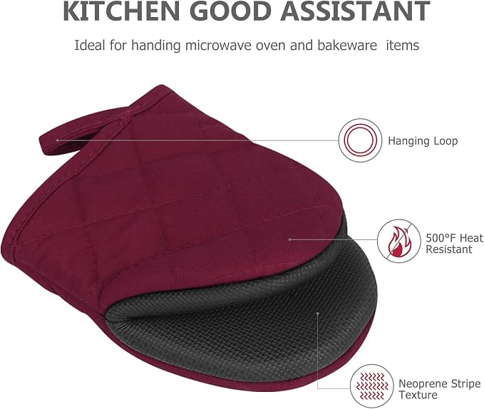 1 Pair Short Oven Mitts - Silicone Kitchen Oven Gloves High Heat Resistant 500℉, Mini Oven Mits with Non-Slip Grip Surfaces and Hanging Loop for BBQ, Baking, Cooking and Grilling (Dark Red)