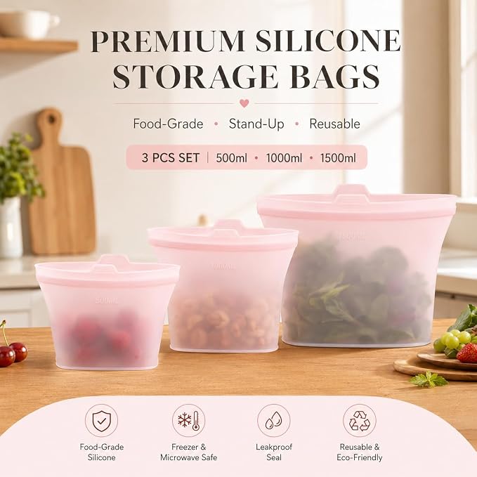 Reusable Silicone Food Storage Bags, 3 Pack 17/34/50 oz, Snack & Meal Prep(Pink)