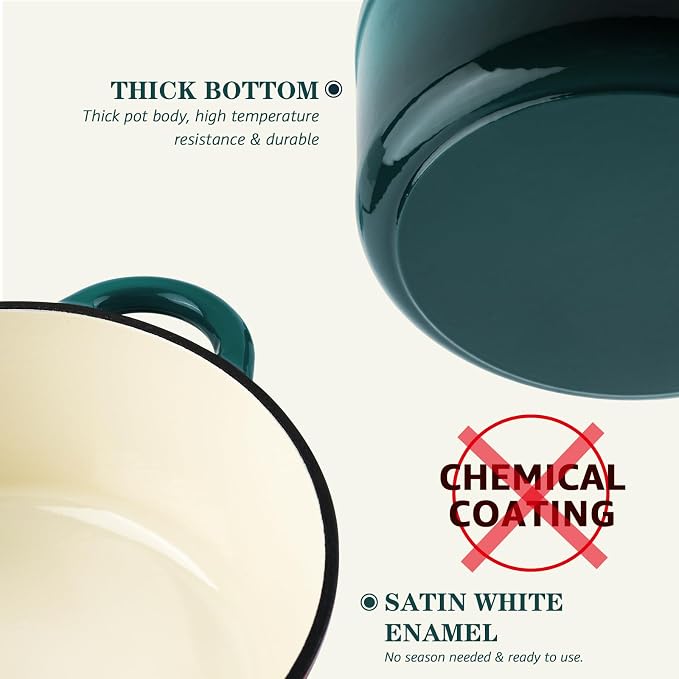 Overmont Enameled Cast Iron Dutch Oven - 7QT Pot with Lid Cookbook & Cotton Potholders - Heavy-Duty Cookware for Braising, Stews, Roasting, Sourdough Baking bottle green