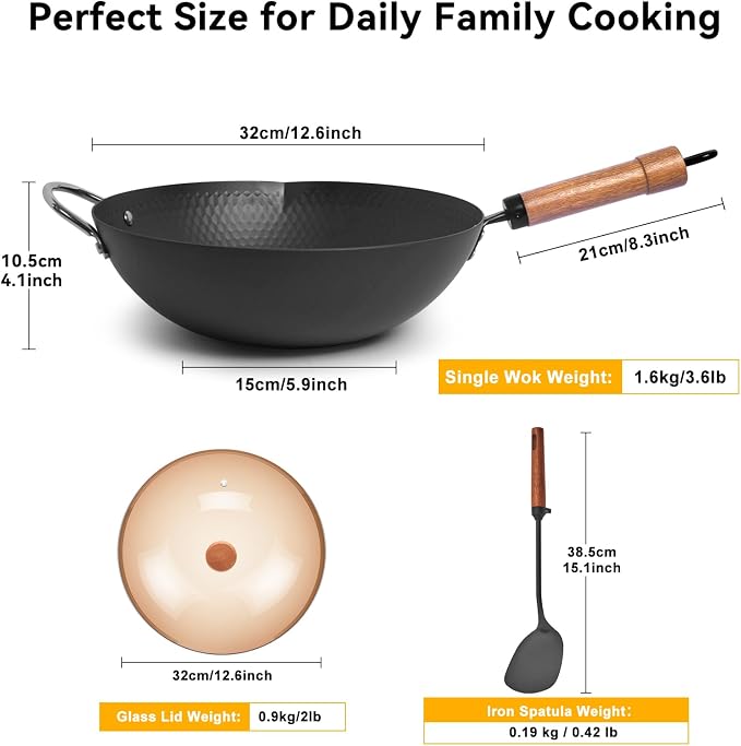 WANGYUANJI Carbon Steel Wok with Lid, 12.6" Hammered Stir Fry Pan with Helper Handle & Iron Spatula, Thickened Heavy Duty Flat Bottom Wok for Induction, Electric & Gas Stoves, Metal Utensil Safe