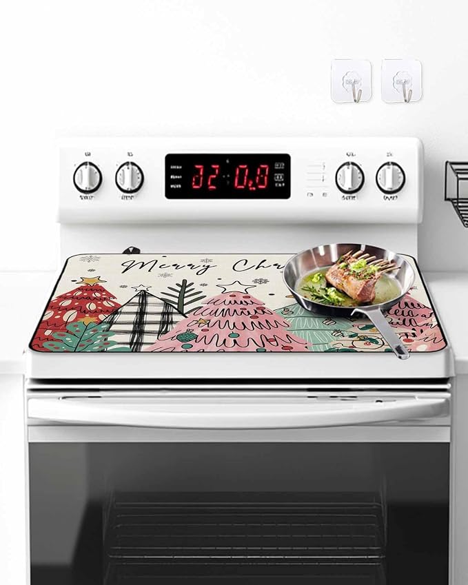 Stove Top Covers for Electric Stove 24x21 Inches, Pink Christmas Tree HeatResistant Glass Cooktop Protector, Vintage Beige Xmas Snowflake Doodle Ceramic Stovetop Countertop Covers Mat, Oven Cover