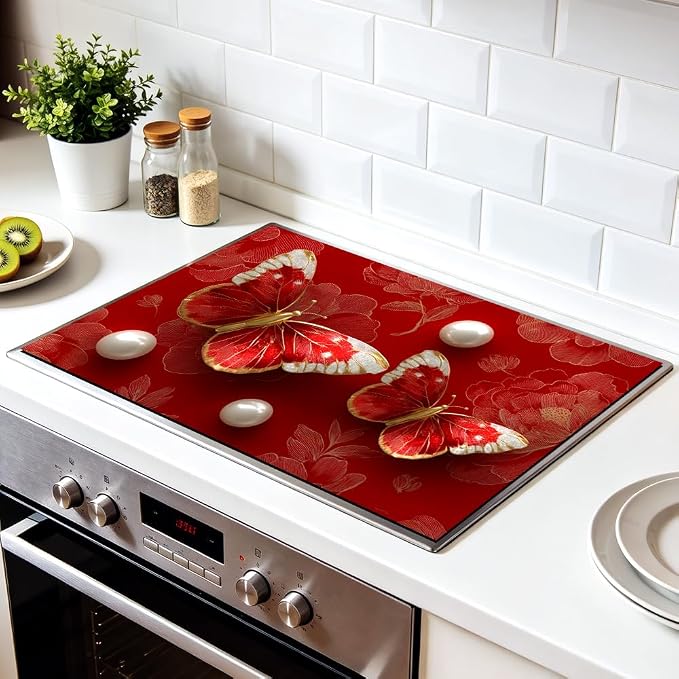 Butterfly Rose Stove Top Cover 28.35x20.47 in Non Slip Mat | Heat Resistant Cooktop Protector Mat with Non-Slip Backing, Scratch Protection and Countertop Drying Mat.