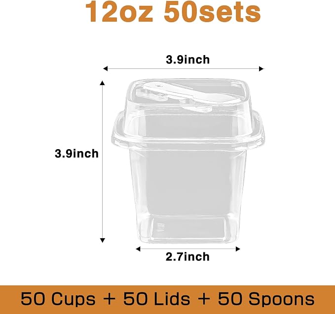 50 Pack 12 oz Plastic Dessert Cups with Lids and Spoons | Banana Pudding Cups with Lids Mini Dessert Shooters for Party Individual Yogurt Parfait Jello Fruit Trifle