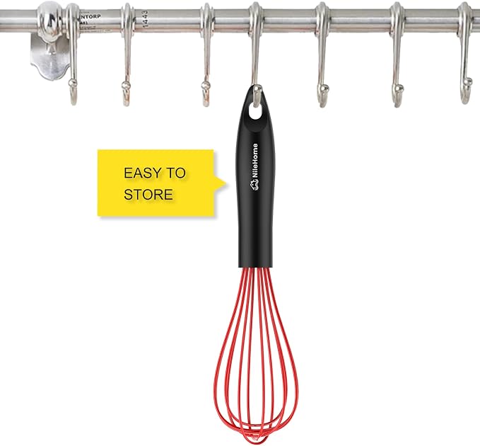 NileHome Silicone Whisk 10", Kitchen Whisk Kitchen Wisk Wire Whisks for Cooking, Whisking, Blending, Beating, Stirring-Red