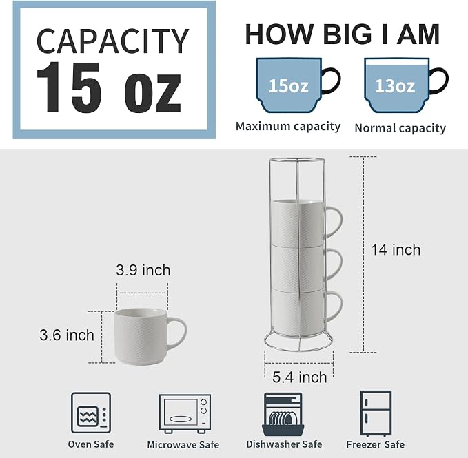 Hasense Coffee Mugs Set of 4 with Stand, 15 oz Porcelain Stackable Coffee Cups Set with handle for Tea, Latte, Milk and Cappuccino, White Embossed Tea Cups Set with Geometric Pattern for Men and Women