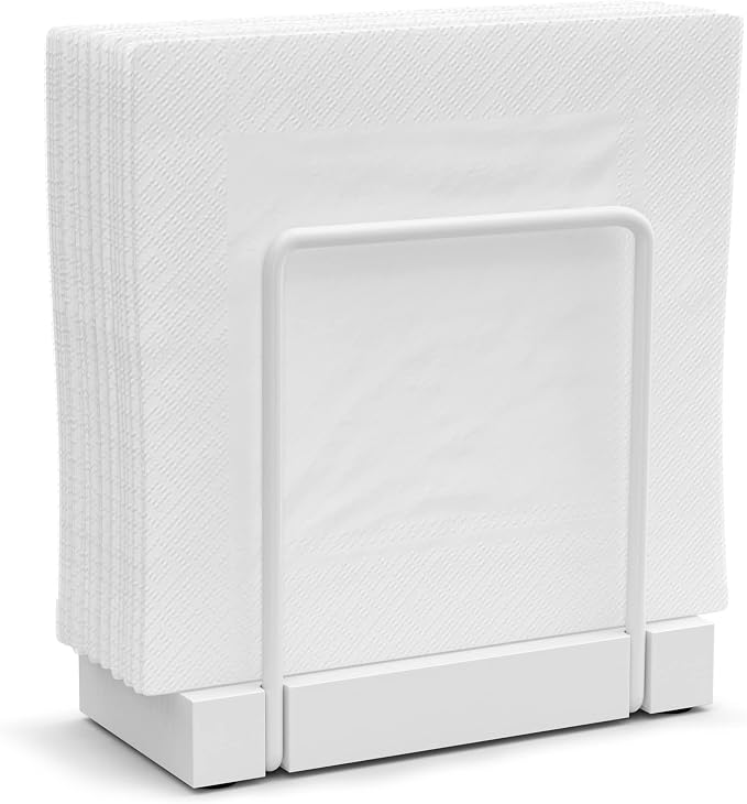 Wican Napkin Holder for Table, Bamboo Iron Standing Napkin Dispenser | Kitchen Dining Table Farmhouse Cocktail Picnic Bar Rustic Wood Holders, Mail Bills, Suitable All Dining Room Decors, White