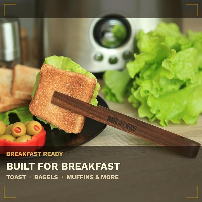 Magnetic Dark Wood Toaster Tongs, Set of 2 – 8.7-Inch Kitchen Tongs for Toast, Bagels, Bacon, Muffins & BBQ | Non-Toxic, Glue-Free Hardwood with Magnetic Storage Holder