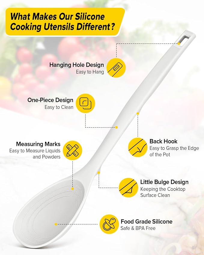 Pack of 2 Silicone Cooking Spoons, Non Stick Solid Kitchen Spoon with Measuring Marks & Back Hooks, Heat Resistant Silicone Slotted Spoon for Cooking, Mixing, Stirring,Serving (WHITE)