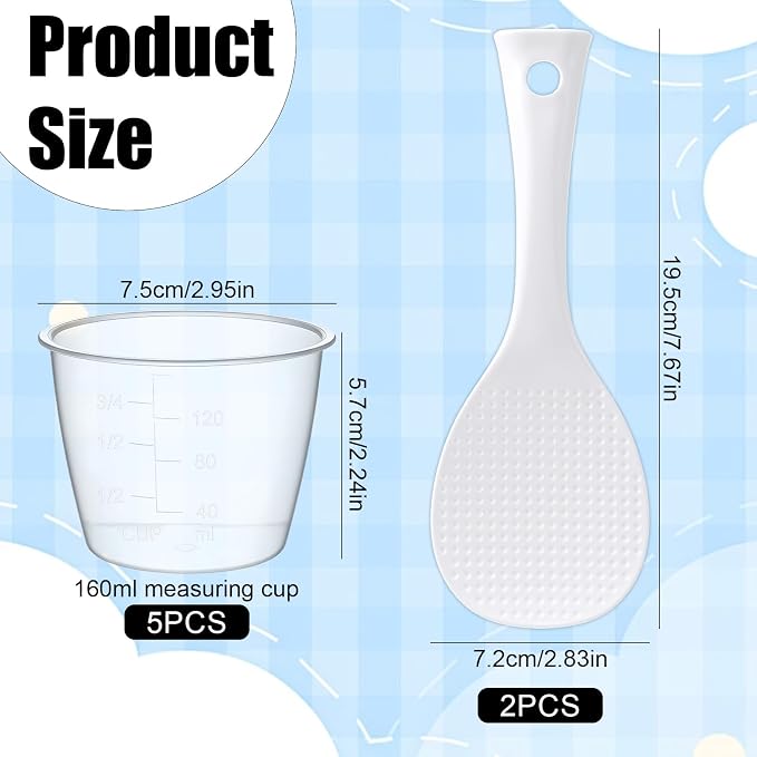 5 Pack Plastic Rice Measuring Cups, 160 ml Measuring Cup for Rice Cooker, Rice Cup Replacement, Heat Resistant Non Stick, with 2 Pack Rice Paddle Rice, Kitchen Supplies, Dog Cat Food Measuring