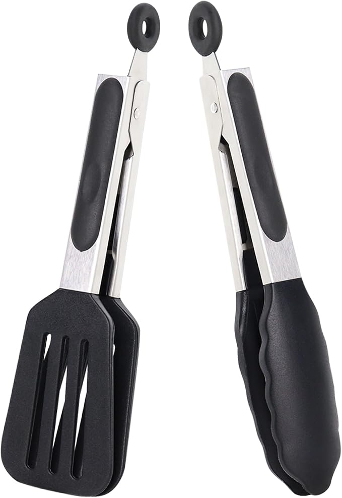 7 Inch Mini Silicone Serving Tongs with Silicone Tips Set of 2 | Stainless Steel Handle, Non-Scratch, Heat Resistant