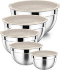 P&P CHEF Metal Mixing Bowls with Lids Set, Airtight Lids & Khaki | 5 PCS Stainless Steel Mixing Nesting Bowls for Kitchen Prepping, Storing, Healthy & Easy Clean, Size 4.6, 3, 1.5, 1, 0.7 QT