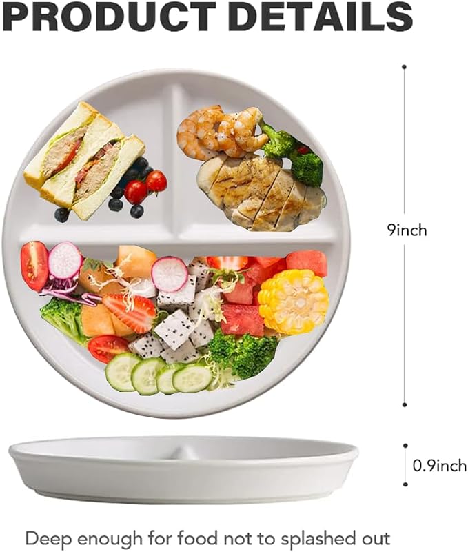 PUPOPIK 9" Unbreakable Divided Plates Set of 5, Wheat Straw Plate Reusable Dinnerware Portion Control Plates, Round Bariatric Plastic Plate for Kids Adults, BPA-free, Dishwasher Safe