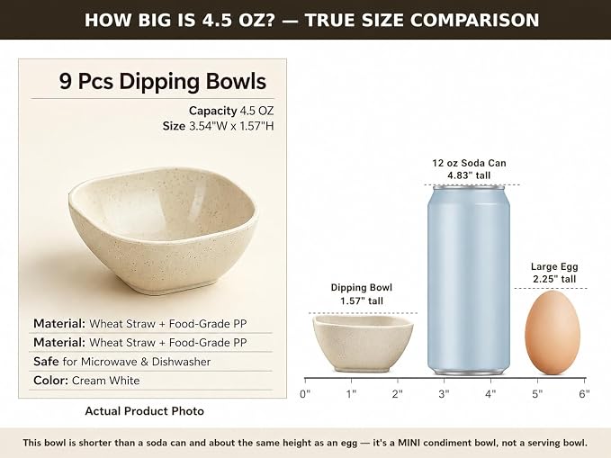 Dipping Bowls,Sauce Cups,Sauce Bowls,Small Bowls for Dips,4.5 oz,9 Pack | Unbreakable Small Plastic Bowls,Small Dessert Bowls,Mini Prep Bowls,Wheat Straw Small Bowls for Side Dish, Ketchup, BBQ-Beige