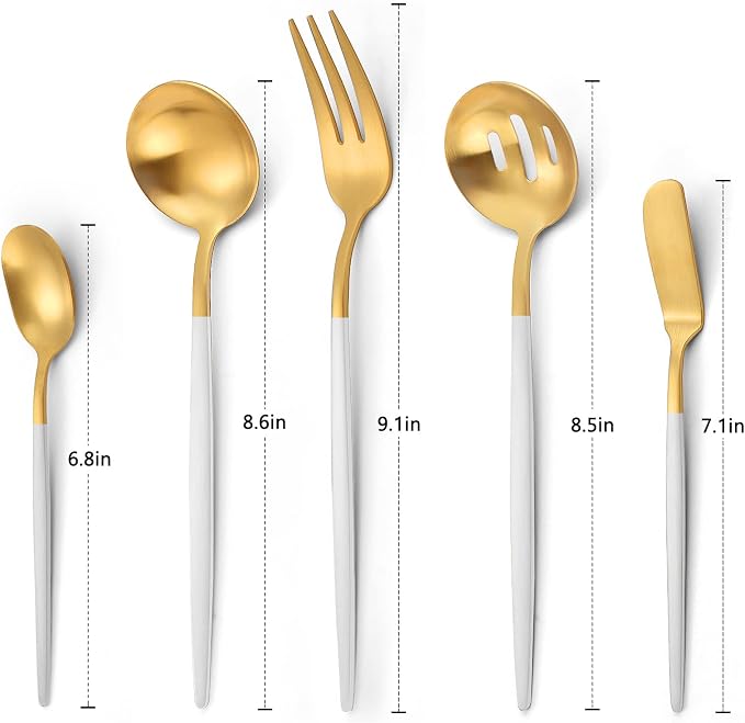 VANVRO Matte White Gold Serving Silverware Set, 5-Piece Round Shared Utensils Set of Stainless Steel, Hostess Flatware Serving Set, Satin Finish, Dishwasher Safe