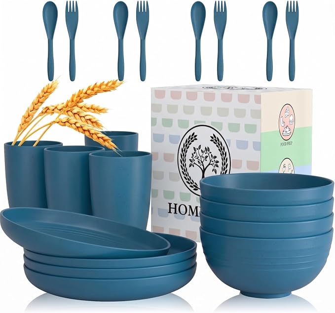 Wheat Straw Dinnerware Sets, Homienly 20pcs Unbreakable Microwave Dishwasher Safe Tableware Lightweight Bowls, Cups, Plates Set Reusable Dinner Plates Bowls set (Blue)
