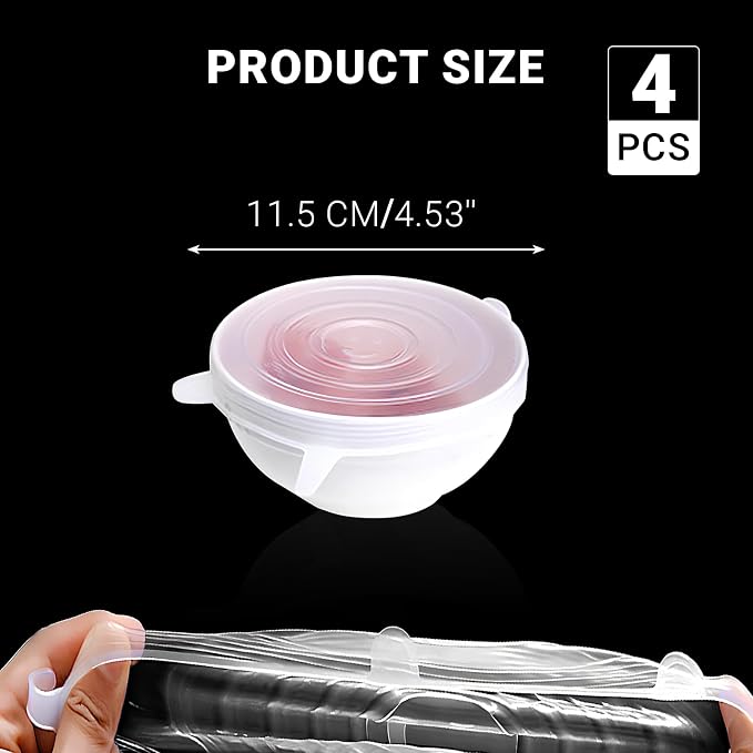 4 Pack 4.5in Reusable Silicone Stretch Lids, Silicone Bowl Covers for Food Storage, Universal Stretchable Lids for Containers Produce, Elastic Expandable Seal Cover, Microwave Freezer Safe