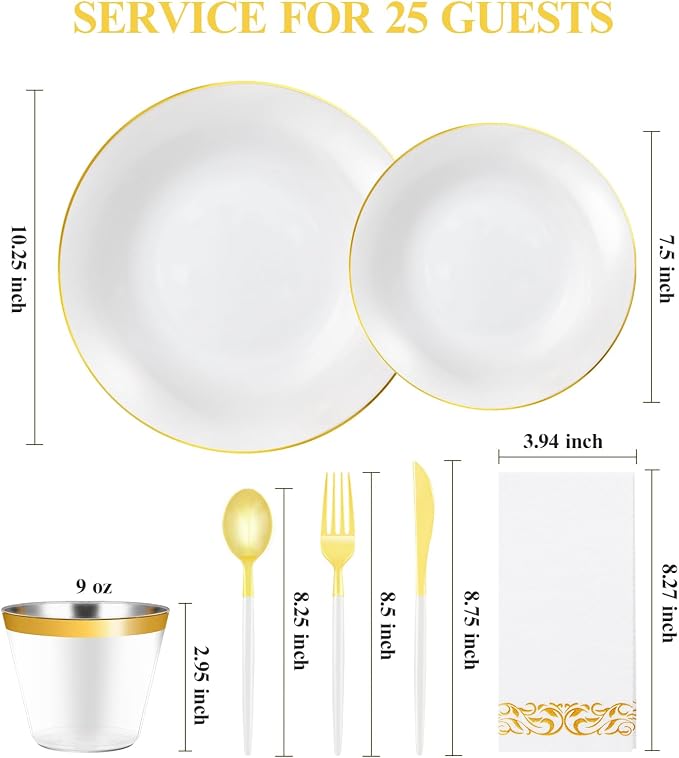 Bestluck 175PCS White Plastic Dinnerware Set, White Plastic Plates for 25 Guests, Include 50 White Gold Plates with 75 Plastic Cutlery, 25 Napkins and 25 Cups