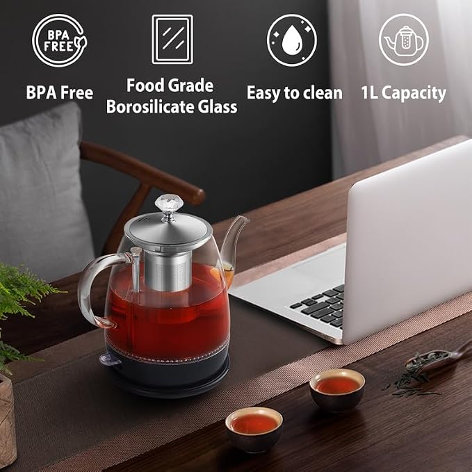 Topwit 1L Glass Electric Kettle, Gooseneck Electric Tea Kettle, BPA-free | Removable Stainless Steel Tea Infuser, Auto-Shut Off, Boil-Dry Protection, Dual-Purpose For Hot Water, Tea & Coffee, Black