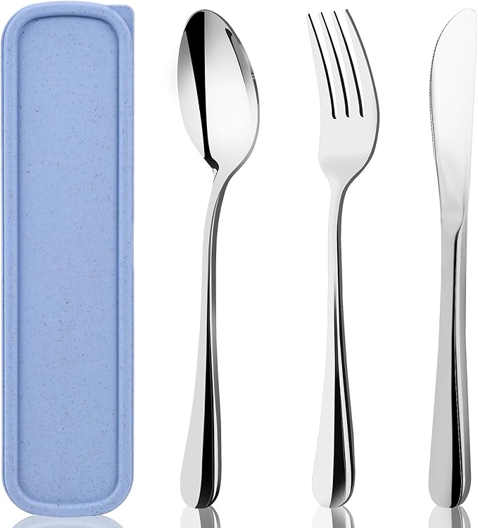 HANSGO Stainless Steel Travel Utensil Set with Case, 4-Piece Portable Knife Fork Spoon Set for Lunch Box, Office, School & Outdoor Use