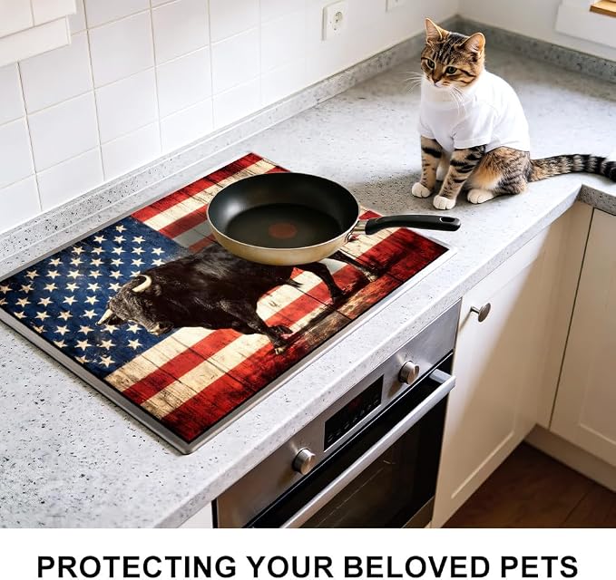 American Flag Black Bull Western Stove Top Cover 28.35x20.47in | American flag black bull western stove top cover 28.35x20.47 in; ranch farmhouse cooktop mat dishwasher safe machine washable
