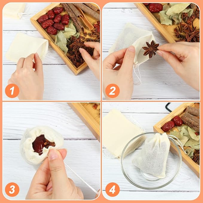 YQL 3x4 Inch Spice Bags for Cooking, 30PCS Reusable Small Muslin Bags | Drawstring Tea Filter Bags for Herbs, Spices, Coffee, Soup Seasoning and Small Sachet Storage