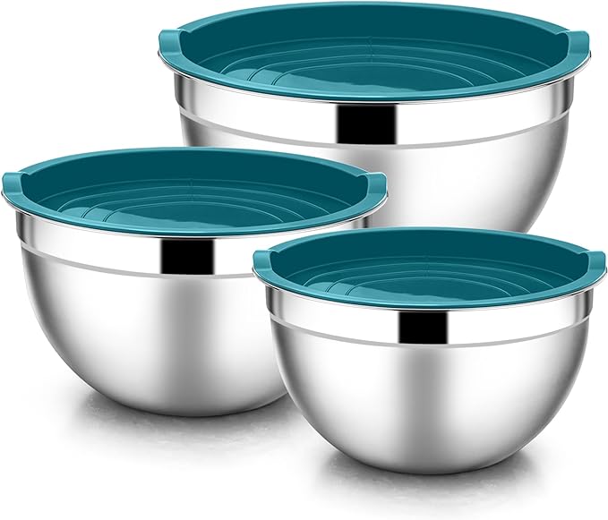 E-far Mixing Bowls with Lids Set, 6-Piece Stainless Steel Salad Bowls | Metal Nesting Cooking Bowls with Airtight Lid for Kitchen Storage, Baking & Prepping, Dishwasher Safe, 1.5/3/4.5 QT, Blue