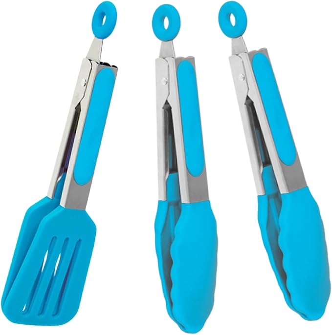 7 Inch Mini Serving Tongs with Silicone Tips Set of 3(Blue) | Stainless Steel Handle, Non-Scratch, Heat Resistant