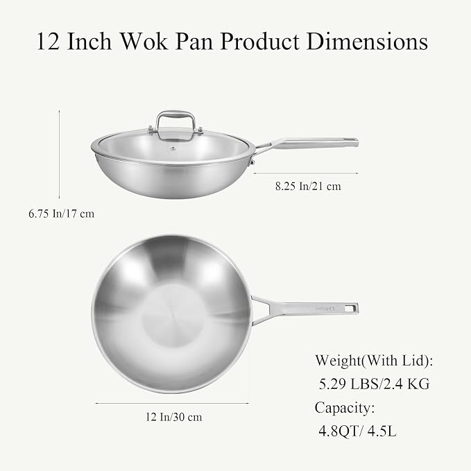 Inqibee 12 Inch Stainless Steel Wok Pan with Lid, Detachable Handle | Uncoated Tri-Ply Stainless Steel Stir Fry Pan, Everyday Cooking Wok for Induction, Flat Bottom, Dishwasher & Oven Safe