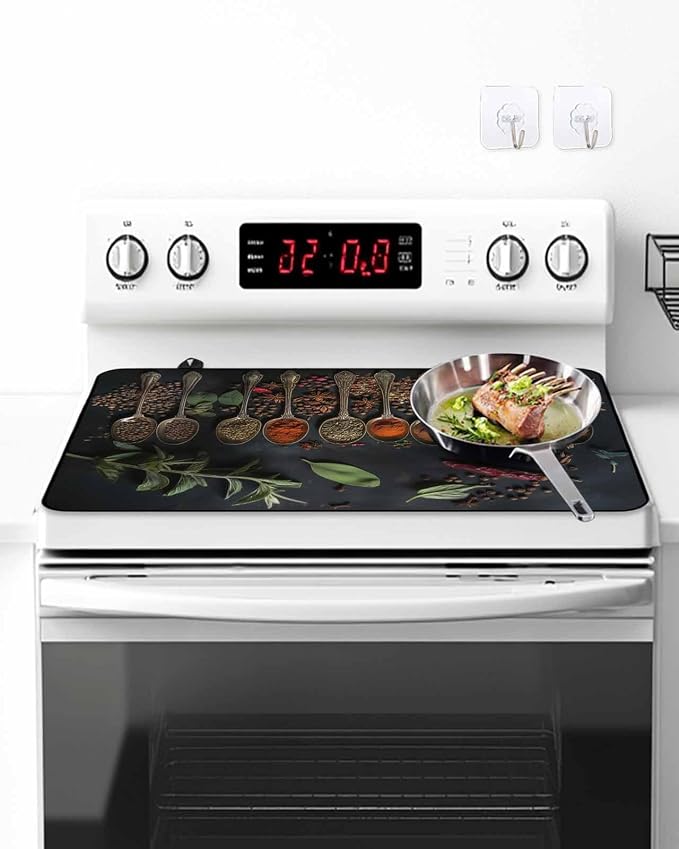 Stove Top Covers for Electric Stove 28.5x20.5 Inches, Kitchen HeatResistant Glass Cooktop Protector, Condiment Leaves Pepper Beans Cooking Utensil Ceramic Stovetop Countertop Covers Mat, Oven Cover