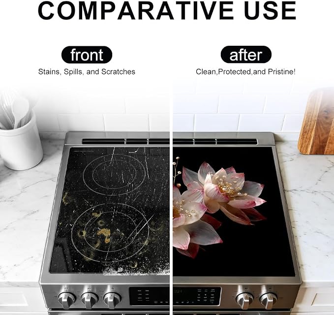 Pink Pearl Lotus Flower Black Stove Top Cover 28.35x20.47in Glam | Pink pearl lotus flower black stove top cover 28.35x20.47 in; modern glam cooktop mat dishwasher safe machine washable